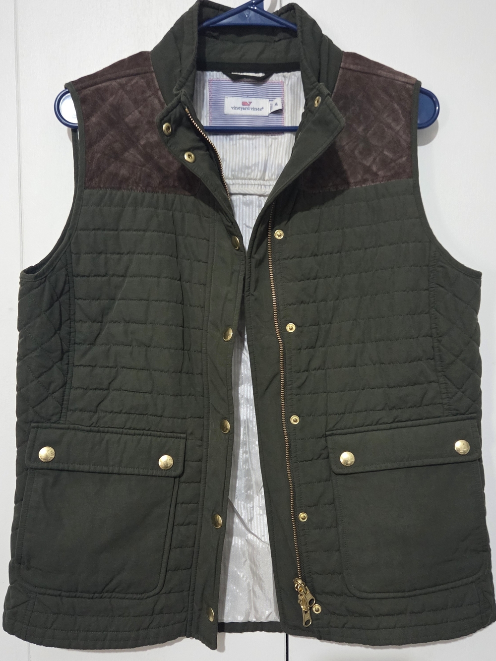 Vineyard Vines Olive Green Quilted Hunting Field Vest Suede Shoulder Patch M